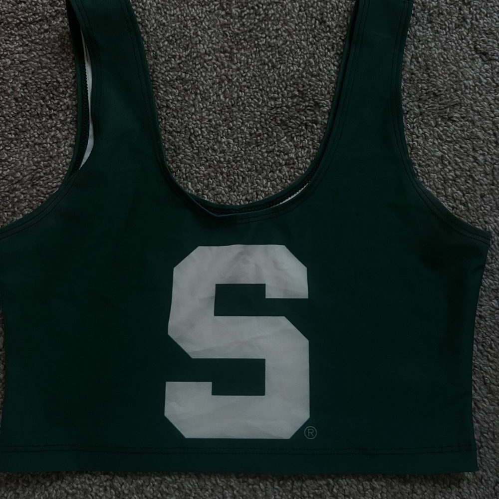 Green Sports Bra with White 'S' Logo